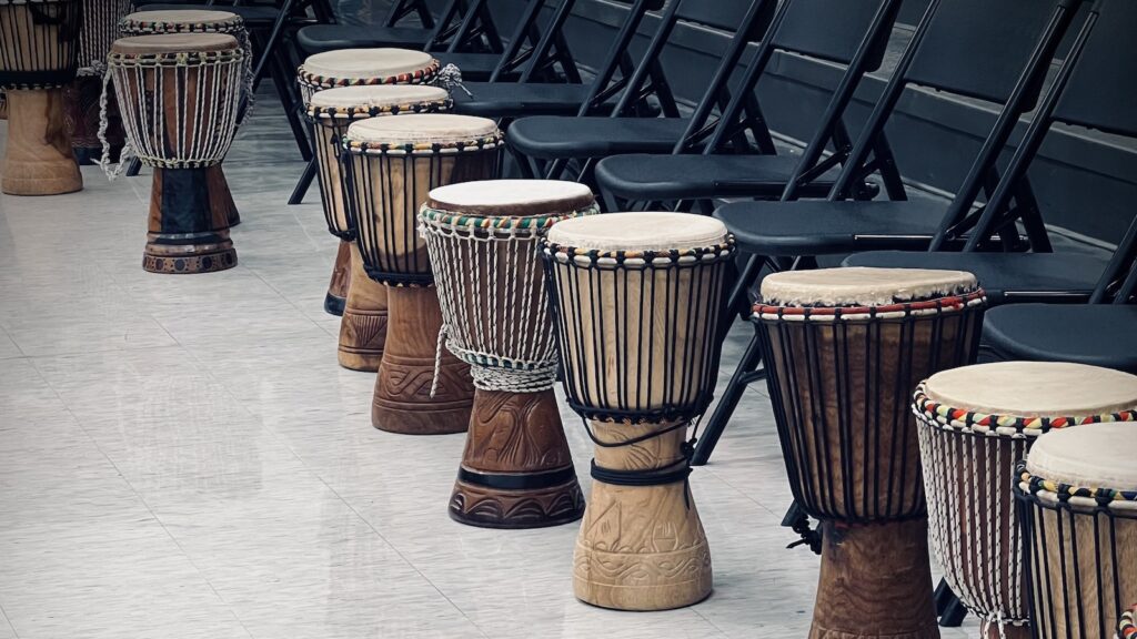 Drums in front of chairs at Horton Middle School.