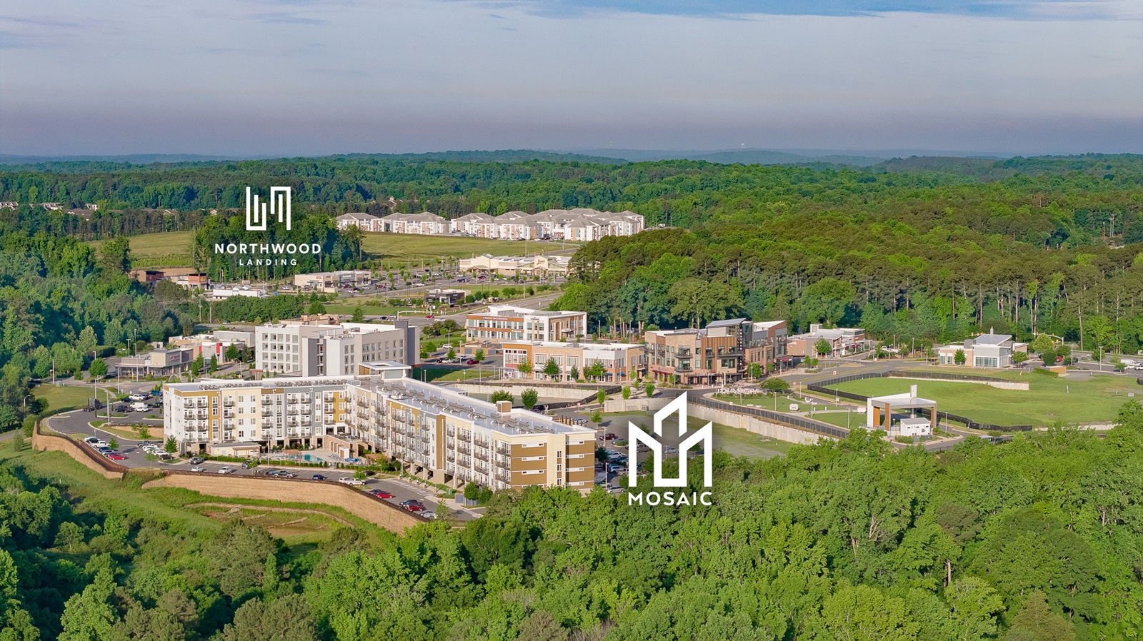 Aerial photo of mixed-use development MOSAIC at Chatham Park and shopping center Northwood Landing