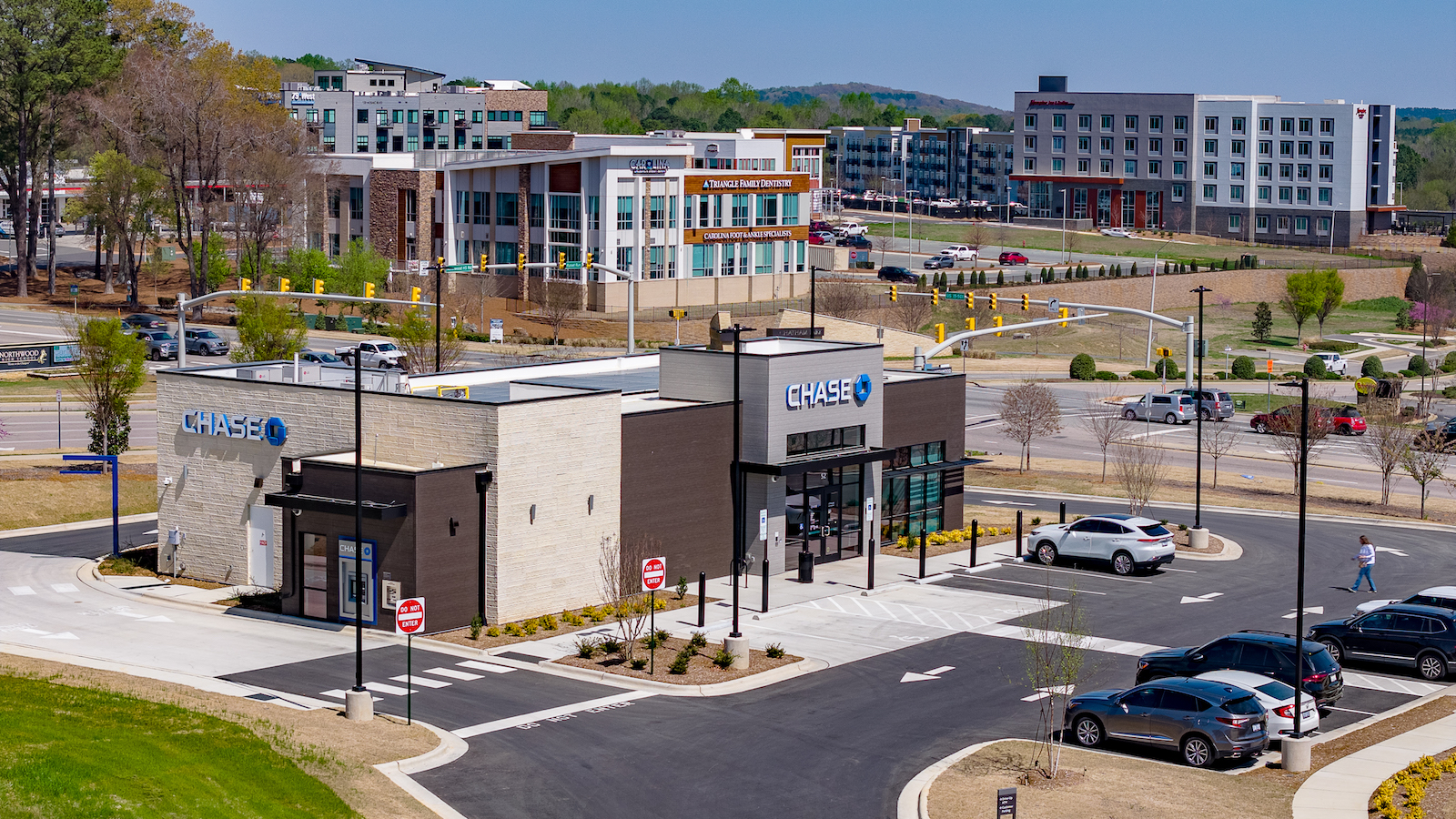 Overhead outside drone image of Chase Bank in Pittsboro NC.